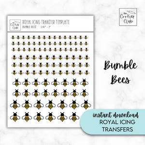 May include: A printable sheet of 1/4 inch bumble bee royal icing transfer templates. The sheet contains 72 individual bee designs.