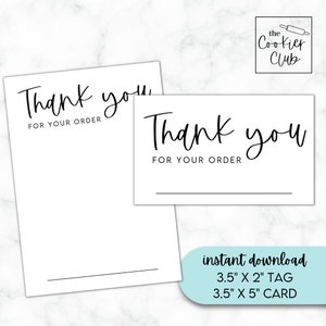 Puede incluir: Dos tarjetas de agradecimiento imprimibles para pedidos. La tarjeta más grande mide 3,5 pulgadas por 5 pulgadas y la tarjeta más pequeña mide 3,5 pulgadas por 2 pulgadas. Ambas tarjetas tienen el texto "Gracias por su pedido" en fuente de letra cursiva negra.