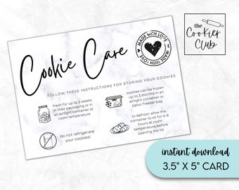 Cookie Care Instructions - White Marble - 3.5" x 5" Printable Cookie Card - Instant Download