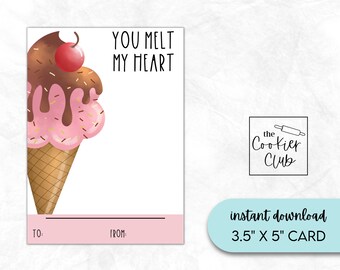 You Melt My Heart - 3.5" x 5" Printable Mini Cookie Card - Valentine's Day - Instant Download - Ice Cream