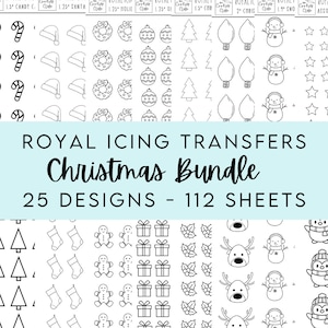 Pode incluir: Um conjunto de 25 desenhos de transferência de glacê para biscoitos de Natal em preto e branco. Os desenhos incluem bengalas de doces, chapéus de Papai Noel, coroas, enfeites, árvores de Natal, luzes, bonecos de neve, estrelas, homens de gengibre, presentes, azevinho, renas, pinguins e meias. O texto "ROYAL ICING TRANSFERS Christmas Bundle 25 DESIGNS - 112 SHEETS" está impresso em um fundo azul claro.