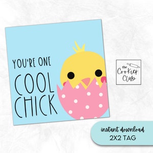May include: A blue and pink printable tag with a yellow chick peeking out of a pink egg with white polka dots. The text on the tag reads "You're one cool chick". The tag is labeled "2x2 tag" and is from "The Cookier Club".
