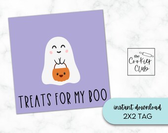 Può includere: Un'etichetta quadrata viola chiaro con un fantasma dei cartoni animati che tiene in mano una borsa di caramelle arancione. Il testo "TREATS FOR MY BOO" è sotto il fantasma. L'etichetta include anche il testo "instant download 2X2 TAG".