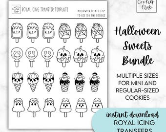 Può includere: Un modello di bundle di dolci di Halloween in bianco e nero con vari disegni per biscotti mini e di dimensioni regolari. I disegni includono coni gelato, ghiaccioli e lecca-lecca a tema spettrale. Il testo recita "Royal Icing Transfer Template" e "Halloween Sweets Bundle".