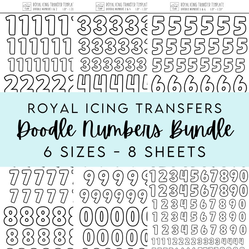 May include: A set of eight sheets of royal icing transfer templates featuring doodle numbers in six different sizes. The numbers are outlined in black and range from 0 to 9.