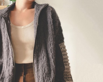 Crochet Jacket pattern | drop-Shoulder with Zipper & Pockets | Lightweight, High Neck, Lacy Stitches | Avery Jacket