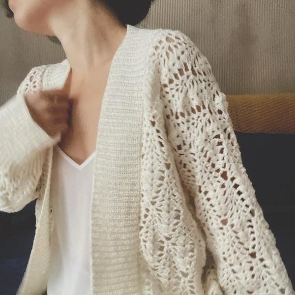 Plumes Cardi | かぎ針編みカーディガンのパターンPDF | レース透かし編みセーター | DIYデジタルパターン