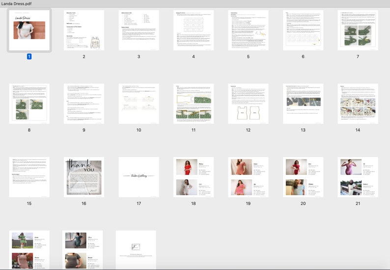 Puede incluir: Un documento digital con 21 p&aacute;ginas, cada una con instrucciones y diagramas para coser un vestido. El documento se titula "Landa Dress.pdf".