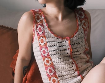 Crochet Top Pattern PDF | Granny Square Button Up Vest | Cottagecore Floral Waistcoat (Intermediate)