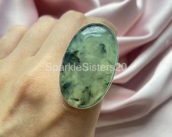 Handmade Sterling Silver Prehnite Ring: Large Green Gemstone Jewelry
