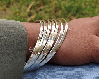 Set of 7 Sterling Silver Bangles: Plain Silver 3mm Wide