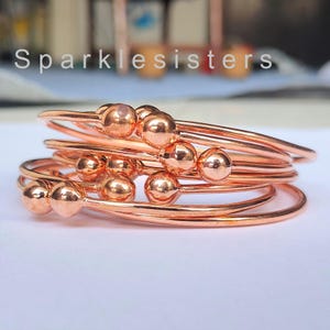 Set of 7 Copper Bangle Bracelets: Adjustable Beaded Cuff Bangles