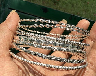 Sterling Silver Bangle Set of 7: Boho Stacking Bangles