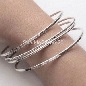 Sterling Silver Stacking Bangles: Beaded & Hammered, Set of 4