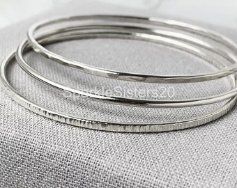Sterling Silver Bangle Set: Smooth, Linear & Hammered Stacking Bracelets