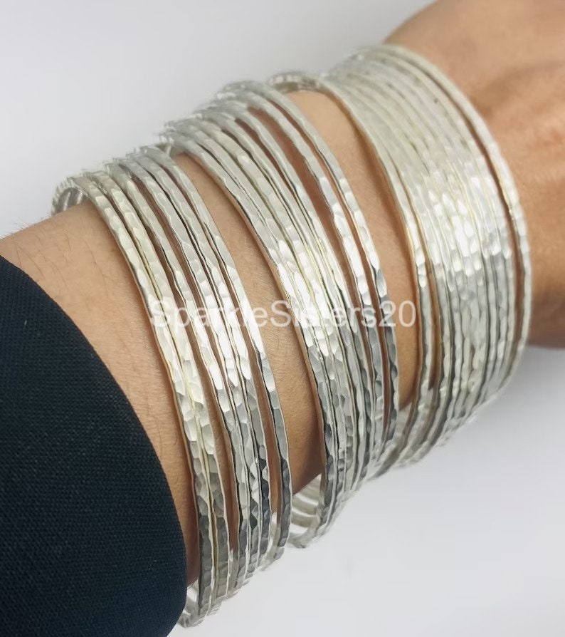 Set of 12 Sterling Silver Hammered Bangle Bracelets, Thin Stacked 925 ...