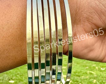 Set of 7 Solid Brass Bangles: 14k Gold Plated Stacking Bracelets