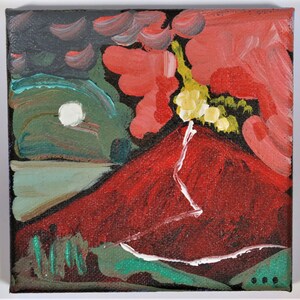 May include: Abstract painting of a red mountain with a white streak down the side, surrounded by green and red shapes. The background is dark blue with white and green shapes.