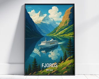 Vintage Norway Fjords Travel Poster: Retro Nordic Cruise Art Print