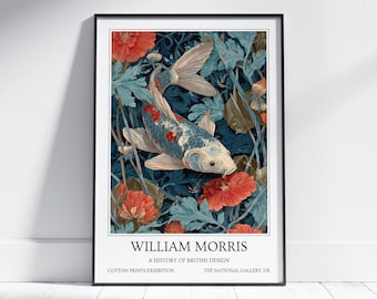 Blue Koi Fish William Morris Wall Art: Vintage Poster, Floral Art Print