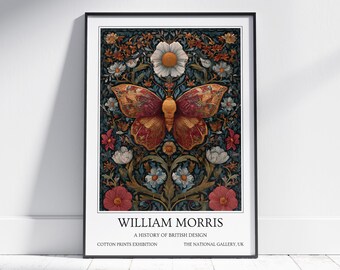 Red Butterfly William Morris Wall Art: Vintage Poster, Floral Art Print