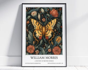 Yellow & Black Butterfly William Morris Wall Art: Vintage Poster, Floral Art Print