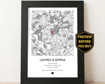 Personalised Couple Map Print, Custom Location Map, Anniversary Gift, Engagement Gift, Wedding Gift, Our First Date Map