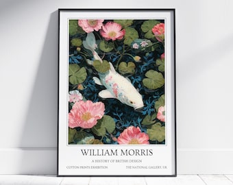 White Koi Fish William Morris Wall Art: Vintage Poster, Floral Art Print