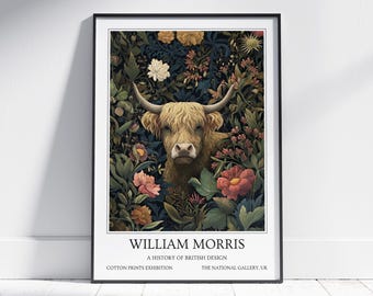 Highland Cow William Morris Wall Art: Vintage Poster, Floral Art Print