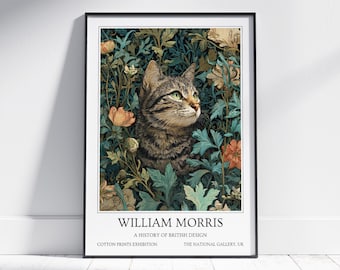 Tabby Cat William Morris Wall Art: Vintage Poster, Floral Art Print