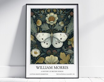 White Butterfly William Morris Wall Art: Vintage Poster, Floral Art Print