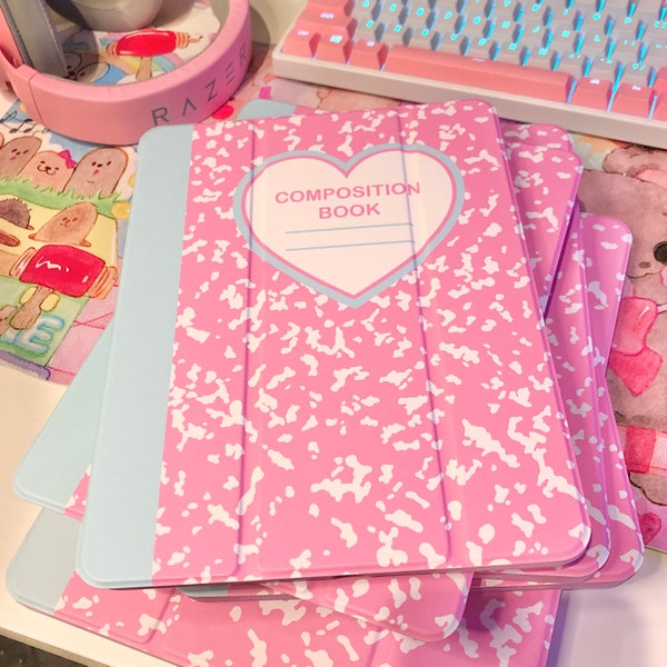 Libro de Composición Funda iPad Rosa Pastel y Azul Cuaderno Lindo Corazón Kawaii