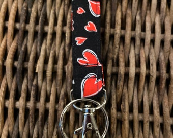 Black and Red Heart Lanyard, Great for Keys, ID Badge Holder, Comes w/Split Ring Lobster Claw Clasp