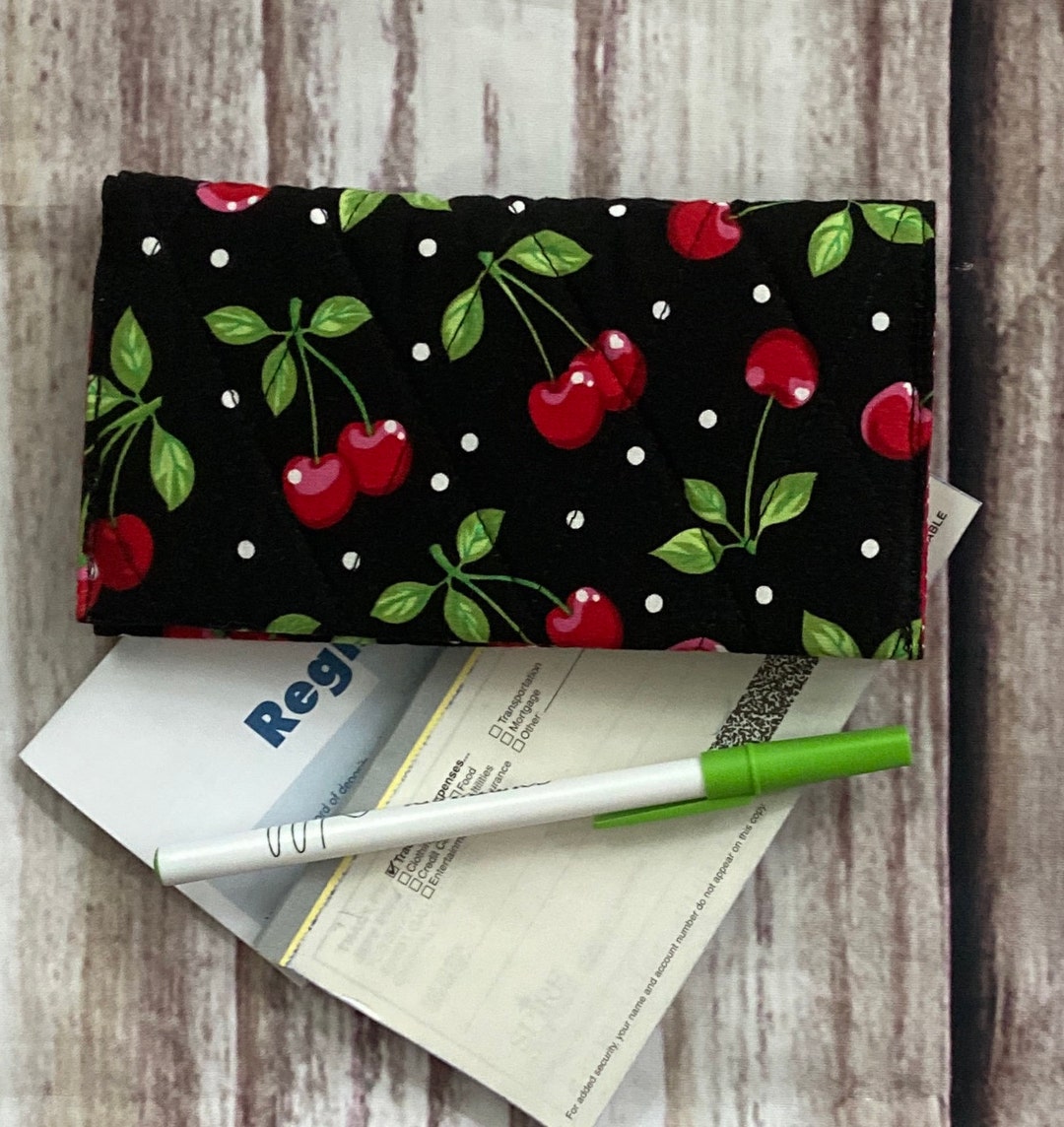 Quilted Checkbook Cover w/Pen Holder Cherries Black and Red Etsy.de