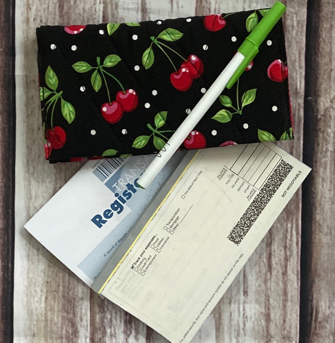 Quilted Checkbook Cover w/Pen Holder Cherries Black and Red Etsy