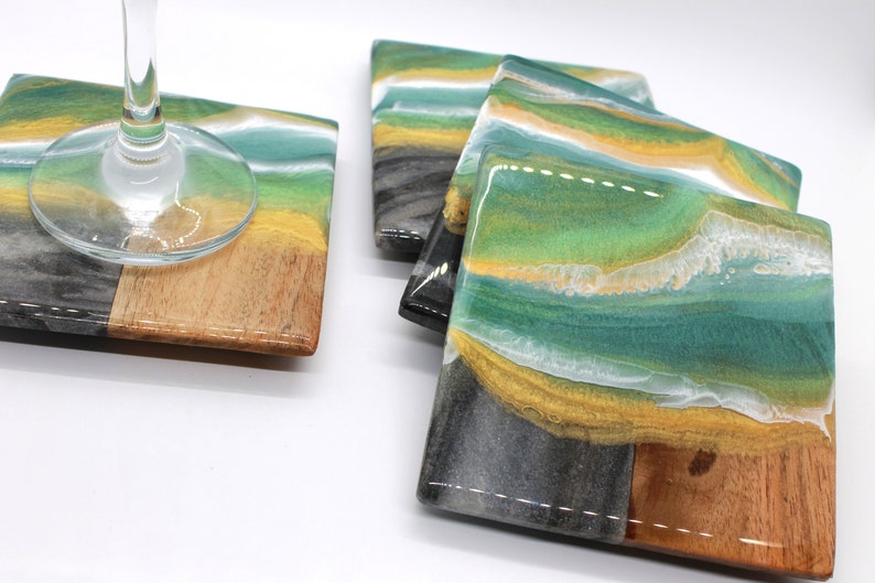 Green /& Gold Geode Resin Wood and Marble Coasters Set of 4