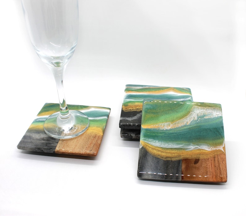 Green /& Gold Geode Resin Wood and Marble Coasters Set of 4