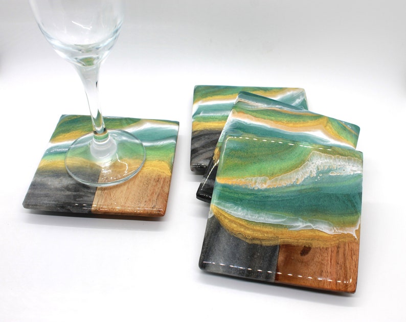 Green /& Gold Geode Resin Wood and Marble Coasters Set of 4