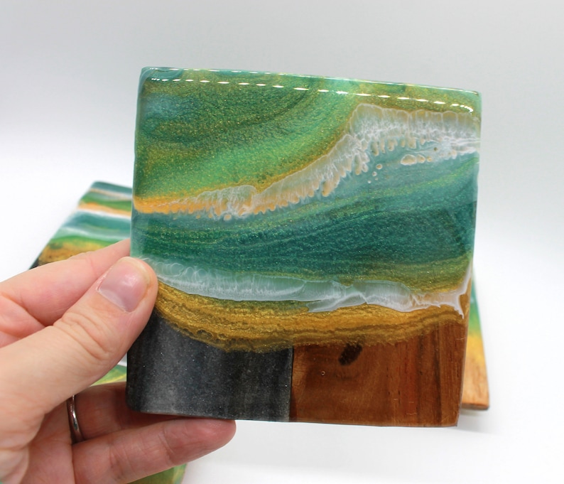 Green /& Gold Geode Resin Wood and Marble Coasters Set of 4