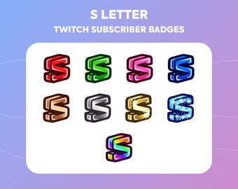 May include: A set of Twitch subscriber badges featuring the letter "S" in various colors and styles, including red, green, pink, blue, brown, silver, gold, and blue with sparkles. The badges are designed to be used on Twitch to reward subscribers.