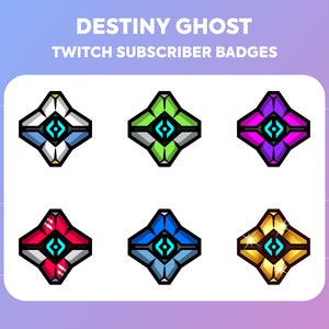 Könnte beinhalten: Sechs verschiedene farbige Destiny Ghost-Symbole für Twitch-Abonnenten-Badges. Die Symbole sind in einem Rastermuster mit drei Reihen und zwei Spalten angeordnet. Die Symbole haben alle die gleiche Form, aber sie sind in verschiedenen Farben. Die Farben sind weiß, grün, lila, rot, blau und gold.