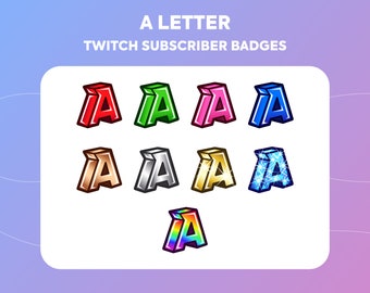 May include: A collection of Twitch subscriber badges featuring the letter "A" in various colors and styles. The badges include red, green, pink, blue, bronze, silver, gold, a sparkling blue, and a rainbow design. Text at the top reads "A LETTER TWITCH SUBSCRIBER BADGES."