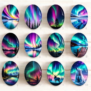 May include: A collection of twelve oval cabochons featuring vibrant aurora borealis landscapes, including snowy forests, mountain lakes, a wooden pier, a silhouette of a deer, and a white polar bear, each numbered one through twelve for identification.