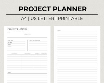Planificateur de projet imprimable, Planificateur de productivité, Planificateur de projet minimaliste, Calendrier de projet, A4, Format lettre US, Modèle numérique