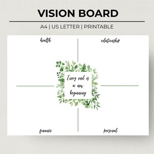 Minimalist Printable Greenery Themed Vision Board Template,Dream Board,Minimalist Vision Board, Minimalist Affirmations Planner