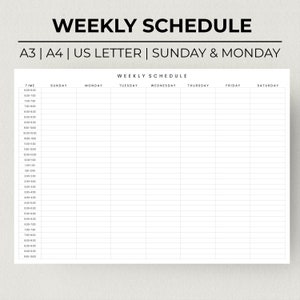 May include: A black and white weekly schedule planner with columns for Sunday through Saturday and rows for time slots from 6:00 AM to 9:30 PM.