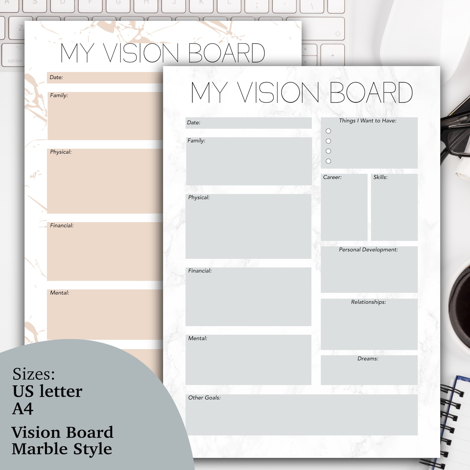 Printable Vision Board Template, Printable Dream Board, Marble Vision ...