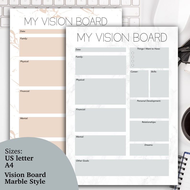 Printable Vision Board Template, Printable Dream Board, Marble Vision ...