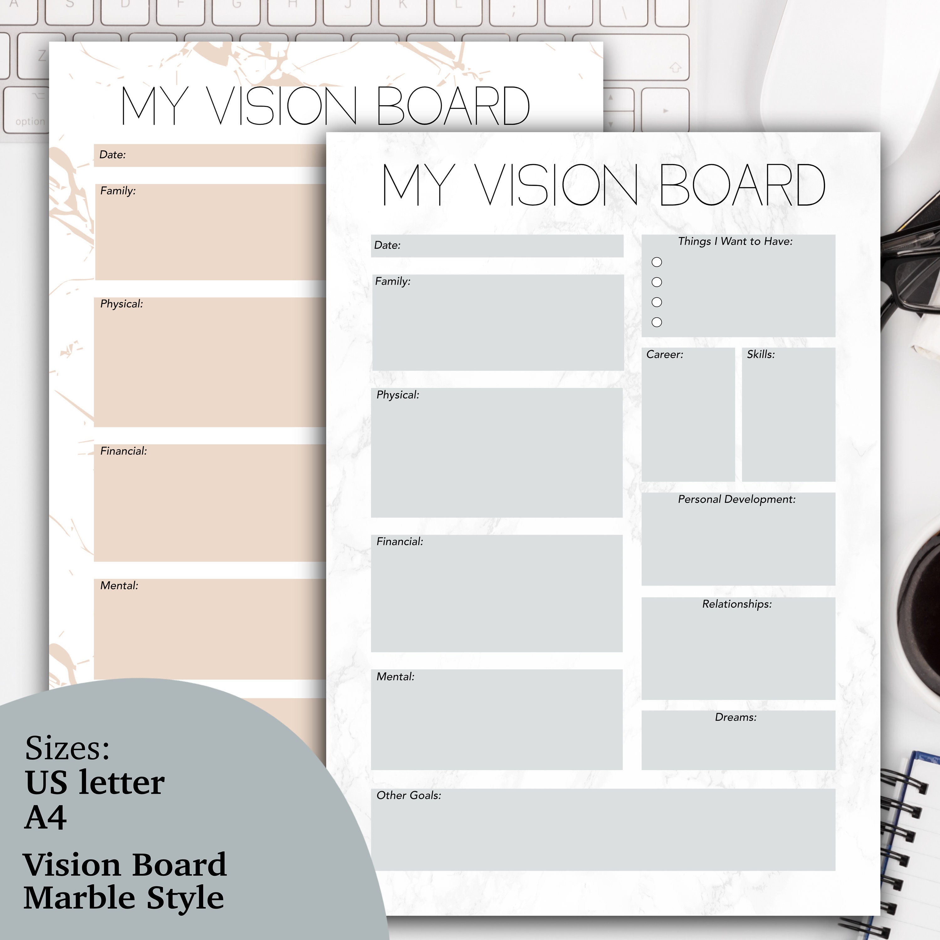 Printable Vision Board Template Printable Dream Board Marble - Etsy Canada
