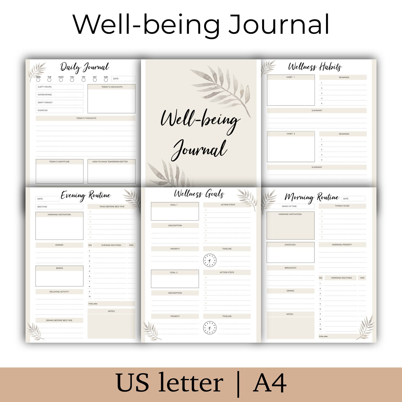 Printable Wellness Journal, Printable Wellbeing Planner, Planner Bundle